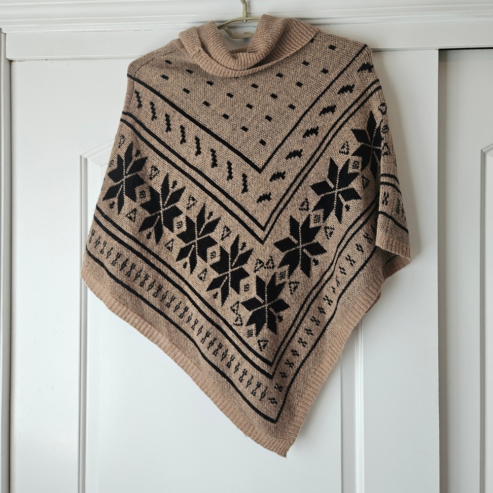 Romeo & Juliet Poncho Womens Medium Brown Fair Isle Mohair Wool‎ Cowl Neck Cozy - Picture 2 of 7